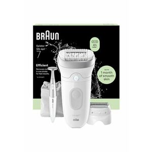 Epilator Silk-épil 7 7-241 SkinSpa - Wet & Dry - MicroGrip - Smart Light - 40 de pensete - 2 viteze - Cap de ras + Pieptene pentru tuns - 1 Cap pentru exfoliere - Trimmer Bikini - Alb/Argintiu imagine