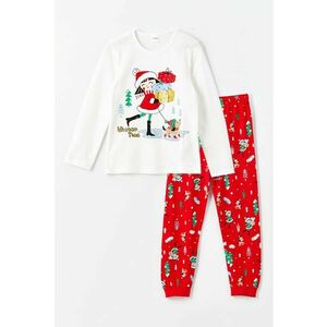 Pijama din bumbac cu imprimeu tematic de Craciun - Rosu/Alb murdar imagine
