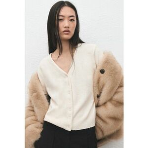 Cardigan tricotat cu model uni - Bej deschis imagine