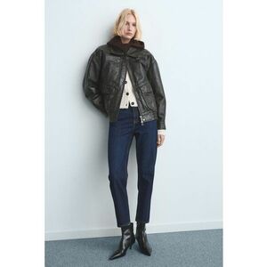 Blugi mom-fit cu model uni - Bleumarin imagine