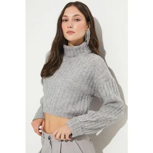 Pulover crop striat cu guler inalt - Gri melange imagine