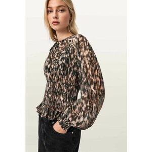 Bluza din amestec de matase cu insertie elastica si maneci bufante - Negru/Maro imagine