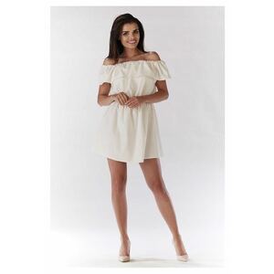 Rochie Dama - Spaniola Evazata Lejera - Decolteu Spaniol - Tesatura cu Structura de In - Elastic in Talie - Ideala Vara si Vacanta - Confort si Lejeritate - Produsa in Polonia - Roz - Crem imagine