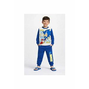 Pijama cu imprimeu cu desene animate si decolteu la baza gatului - Albastru imagine