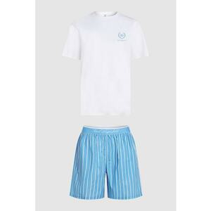 Pijama scurta din amestec de bumbac organic - Alb optic/Albastru imagine