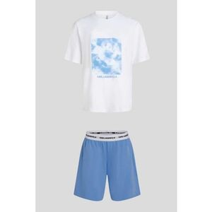 Pijama din amestec de bumbac organic cu imprimeu foto - Alb optic/Albastru imagine