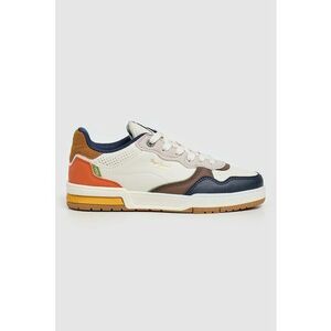 Pantofi sport de piele ecologica cu model colorblock - Alb/Maro inchis/Portocaliu mandarina/Bleumarin imagine