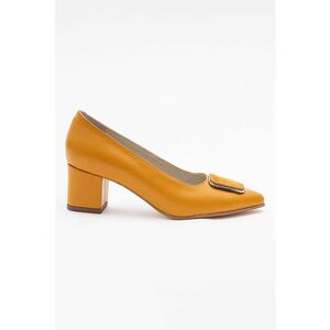 Pantofi de piele cu toc masiv si varf ascutit - Galben sofran imagine