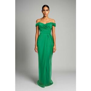 Rochie maxi drapata cu decolteu pe umeri - Verde imagine