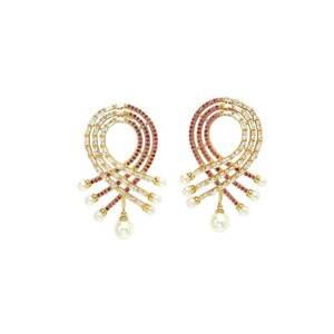 Cercei drop placati cu aur de 18K si decorati cu cristale si perle sintetice - Auriu/Roz imagine