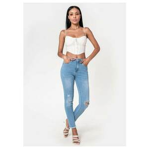 Blugi slim dama cu detalii rupte - Albastru deschis P501-6 M10 19072 - Albastru imagine