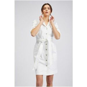 Rochie de denim cu maneci bufante si cordon in talie - Alb imagine