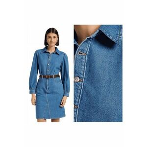Rochie Dama - Long Sleeve Dress - Regular Fit - Cu Guler - Maneci Lungi - Denim Accent - Nasturi - Bumbac - Albastru - Albastru imagine