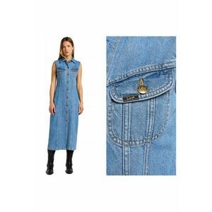 Rochie Dama - Long Slim Dress - Regular Fit - Cu Guler - Fara Maneci - Denim Accent - Nasturi - Bumbac - S INTL - Albastru imagine
