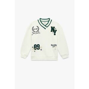 Bluza de trening cu decolteu in V si broderii - Alb murdar/Bleumarin imagine