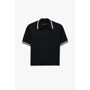Pulover crop polo cu terminatii contrastante - Albastru inchis imagine