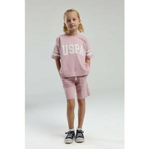 Set de tricou lejer cu logo si pantaloni scurti cu snur - 2 piese - Alb/Roz aprins imagine