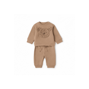 Set trening bebe baieti iDO - 2 piese din bumbac gros periat - bluza cu ursulet si pantaloni cu talie elastica - Maro - Maro imagine