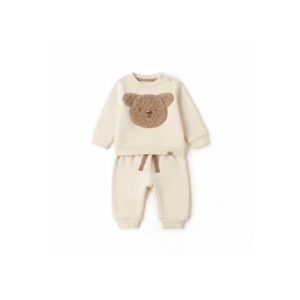 Set trening bebe baieti iDO 2 piese din bumbac gros peria bluza cu ursulet si pantaloni cu talie elastica - Bej deschis imagine