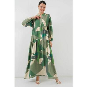 Rochie maxi - imprimeu - decolteu in V - kaki - textil - imagine
