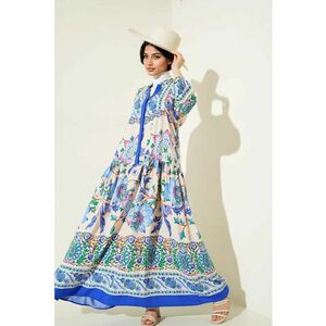 Rochie maxi - HiCCUP - imprimeu - decolteu in V - bleumarin - textil - Albastru inchis imagine