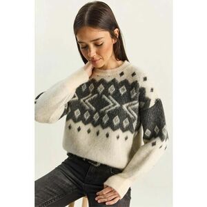 Pulover gros tricotat dama - cu model etnic - gri - acril/poliester/elastan - One Size imagine