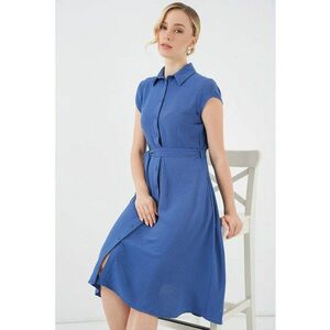 Rochie Midi Tip A - Guler Camasa - Albastru - Bumbac - imagine