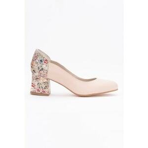 Pantofi de piele cu toc si detaliu floral - Crem imagine