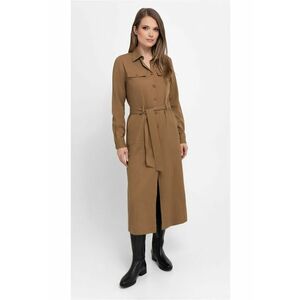 Rochie-camasa maxi cu maneci lungi G-Villa - cu cordon - nasturi - camel - Maro/Maro camel imagine