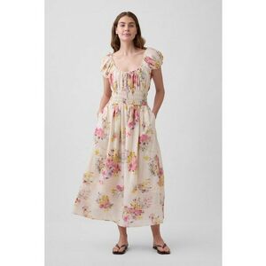 Rochie cu maneci scurte si imprimeu floral - Roz pastel/Galben sofran/Bej deschis imagine