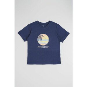 Tricou din bumbac cu decolteu la baza gatului si imprimeu - Alb/Galben pai/Bleumarin imagine