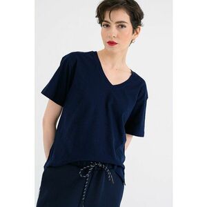 Tricou din bumbac cu decolteu in V - Bleumarin imagine