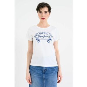 Tricou cu decolteu la baza gatului si imprimeu grafic - Alb imagine
