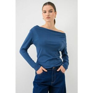 Bluza slim fit cu decolteu drapat - Albastru petrol imagine