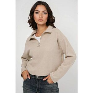 Pulover scurt - HiCCUP - Relaxed Fit - guler cu fermoar - crem - amestec bumbac-poliester - imagine