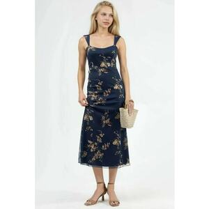 Rochie Midi - Florala - cu Guler Inima - Jerseu - maro/bleumarin imagine