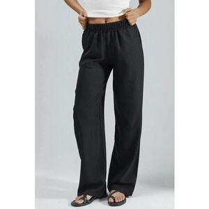 Pantaloni dama - cu talie elastica - picior drept - negru - poliester imagine