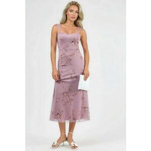 Rochie Midi - Florala cu Guler Inima - Roz Aprins - Tricot imagine
