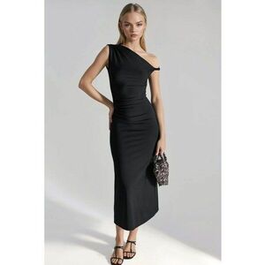Rochie midi bodycon guler asimetric - neagra - jerseu imagine
