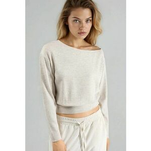 Bluza dama - bluza elastica cu maneca lunga - decolteu barca - bej natural - jerseu imagine