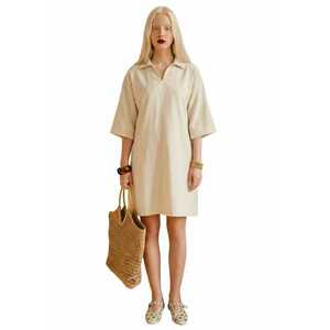 Rochie Mini Guler Polo - Maneci Trei Sferturi - Bej Natural - In imagine