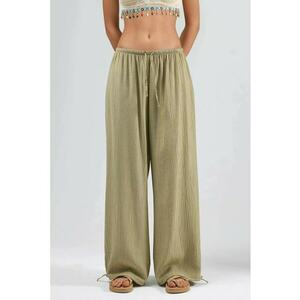 Pantaloni dama - cu talie elastica si detaliu cu snur - Verde Kaki - Textil imagine