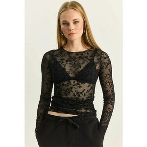 Bluza dama - cu decolteu rotund - draperie florala - negru - textil imagine