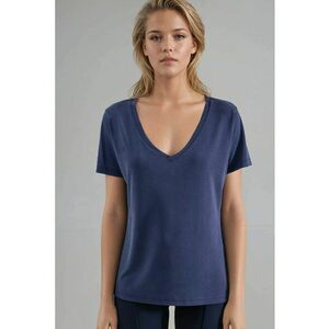Tricou dama decolteu in V - maneca scurta - albastru marin - jerseu imagine