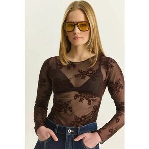 Bluza dama - cu maneca lunga - decupaje florale - maro - poliester-lycra imagine