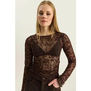 Bluza dama - cu decolteu rotund - draperii florale - maro - textil imagine