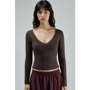 Bluza dama - slim fit - decolteu in V - maro - jerseu imagine