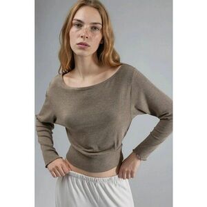 Bluza dama - bluza elastica cu maneca lunga - decolteu barca - maro - jerseu imagine
