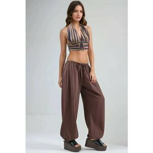 Pantaloni dama - cu talie elastica si detaliu cu snur - maro - textil imagine