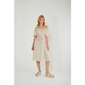 Rochie midi - cu umerii goi - bej - textil imagine